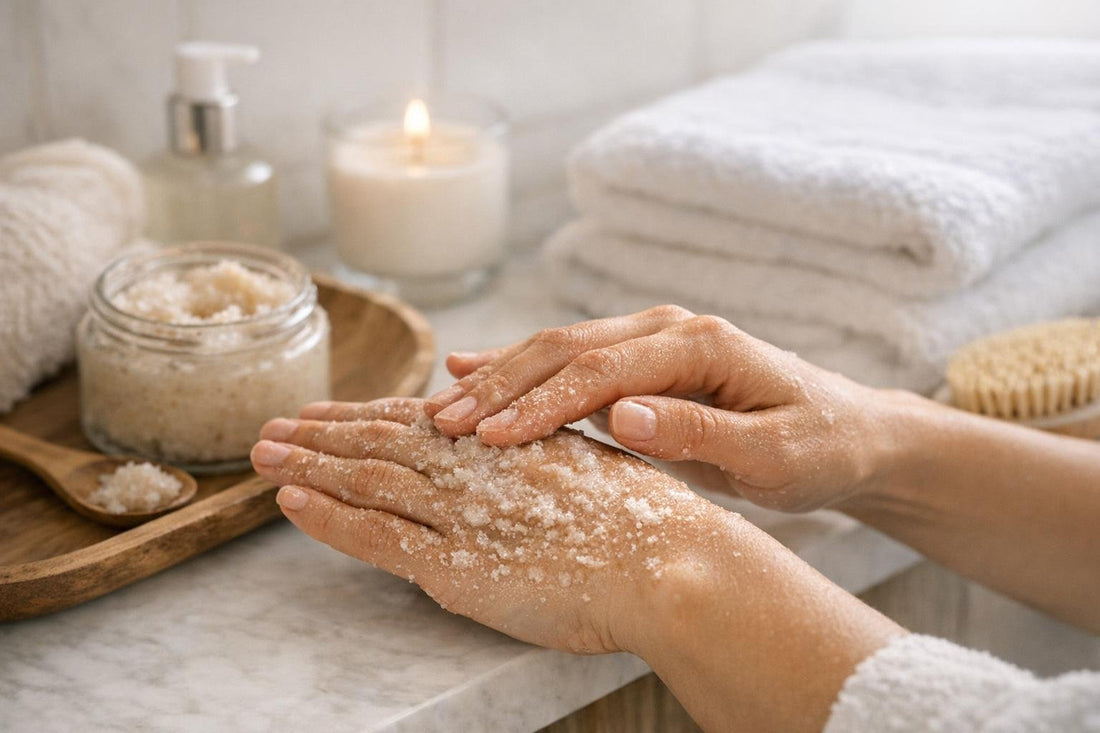 Gentle exfoliating body scrub on hands for winter skin