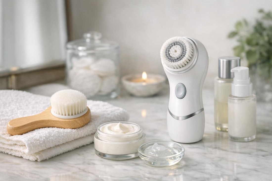 Gentle cleansing brush routine on facial skin, manual vs electric