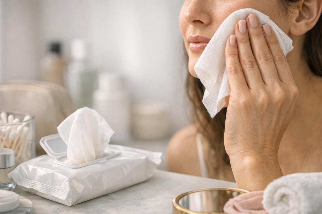 Hands using facial cleansing towelette on cheek gently