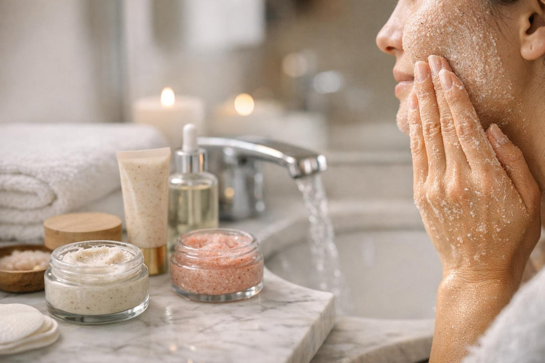 Gentle facial scrub application on damp skin at sink