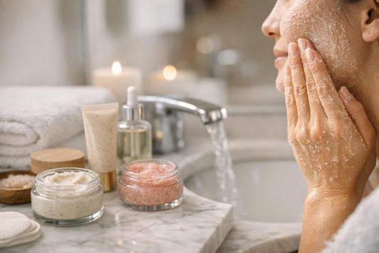 Gentle facial scrub application on damp skin at sink