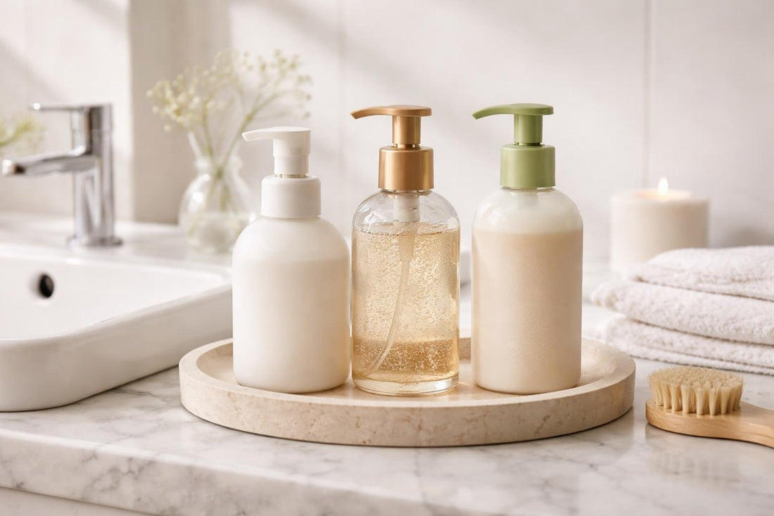 Gentle hand wash pump bottles on a bright bathroom sink