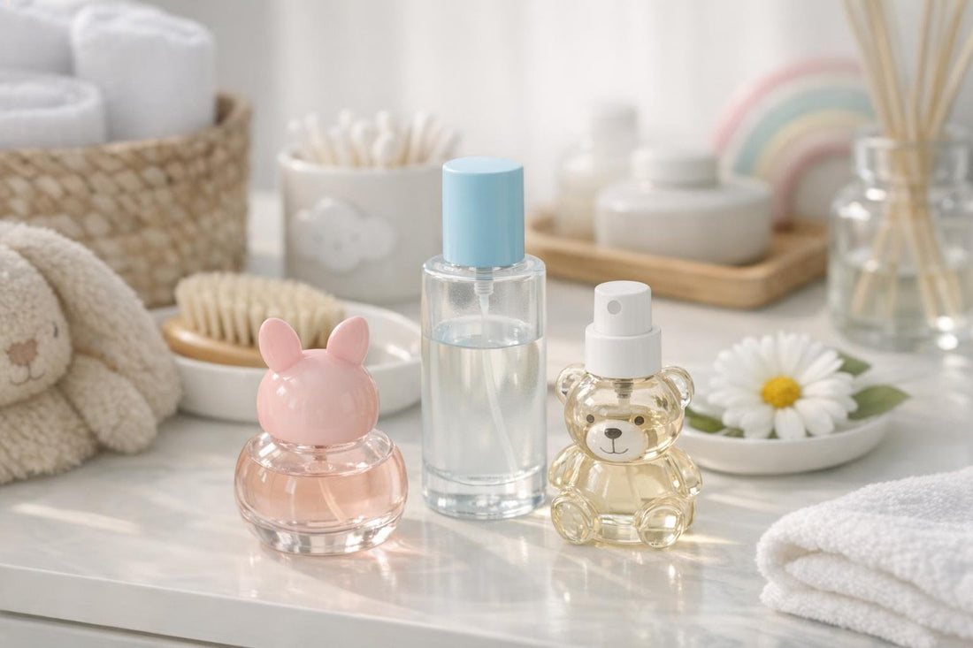 Gentle children’s fragrance collection bottles on a bright vanity