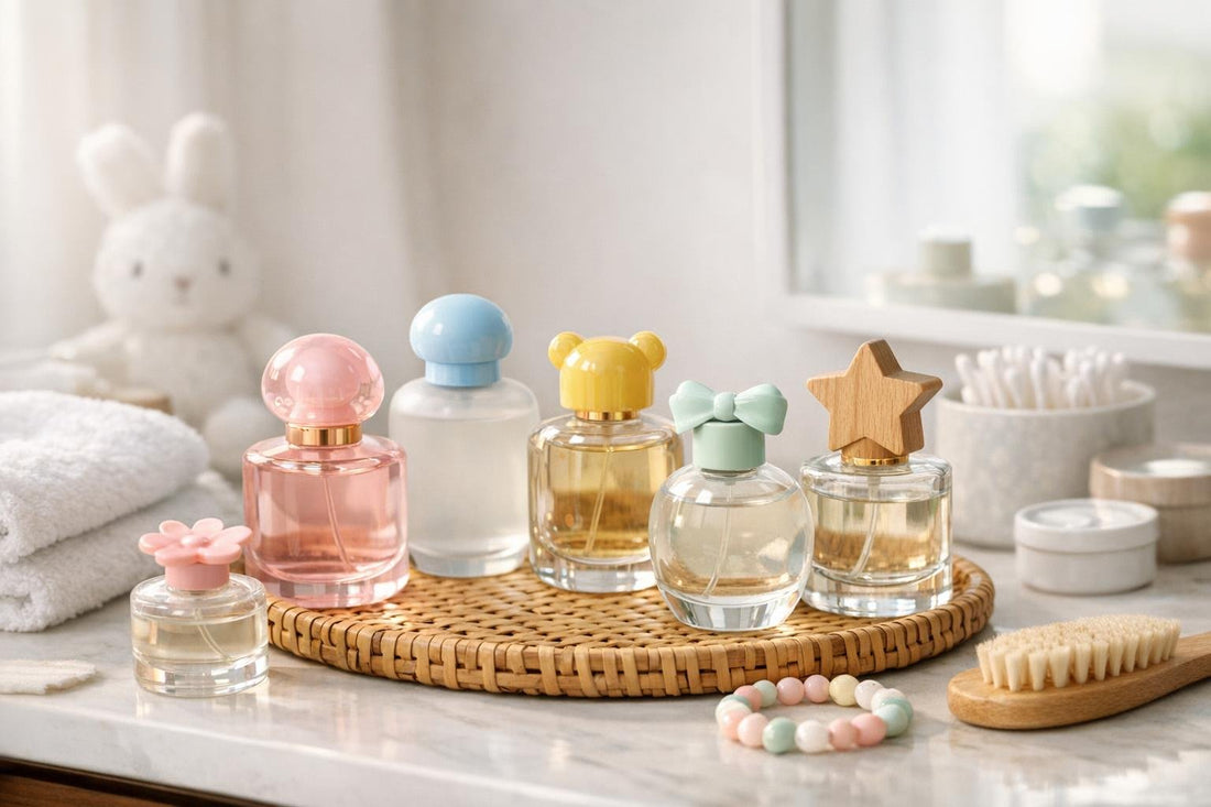 Gentle children’s fragrance bottles arranged for beginner selection