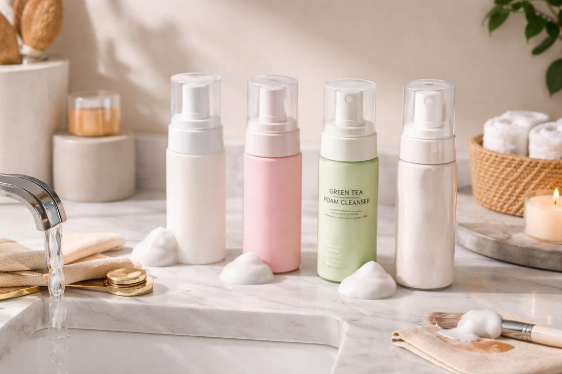 Gentle foaming cleanser removing makeup at a Canadian sink