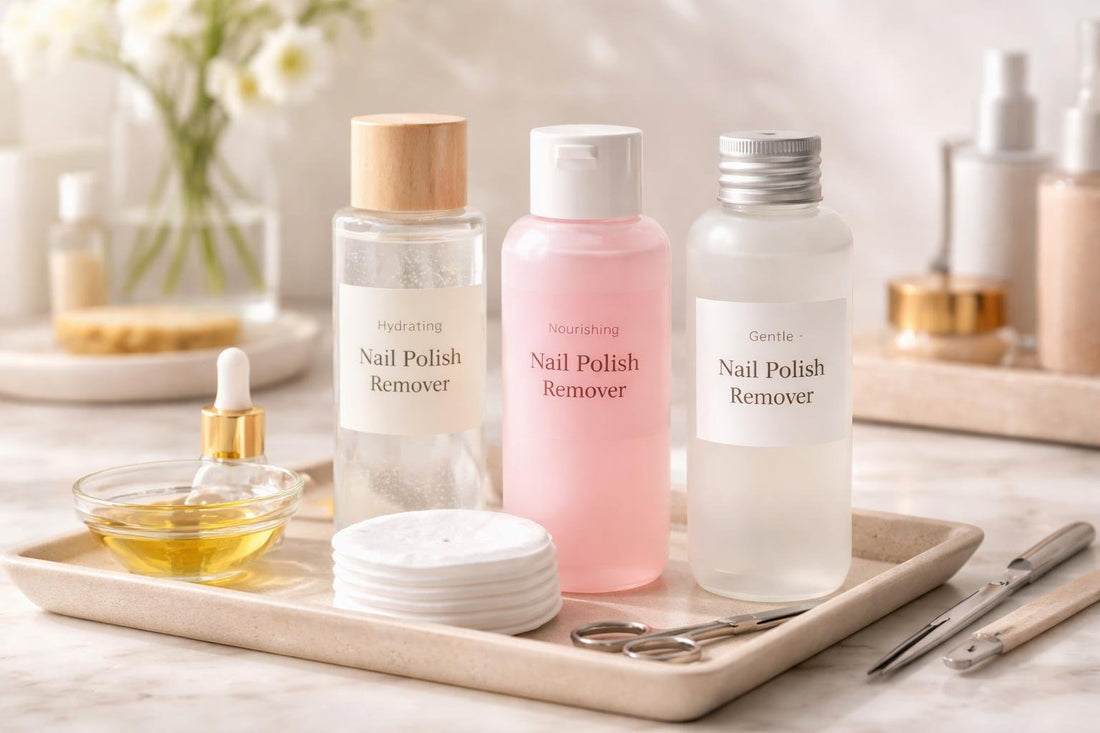 Gentle nail polish remover and cotton rounds on vanity