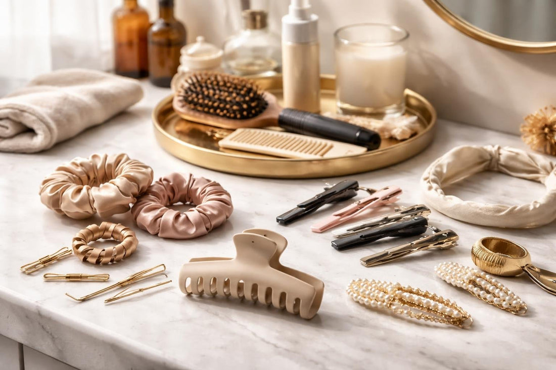 Hair styling accessories laid out for easy at-home styling