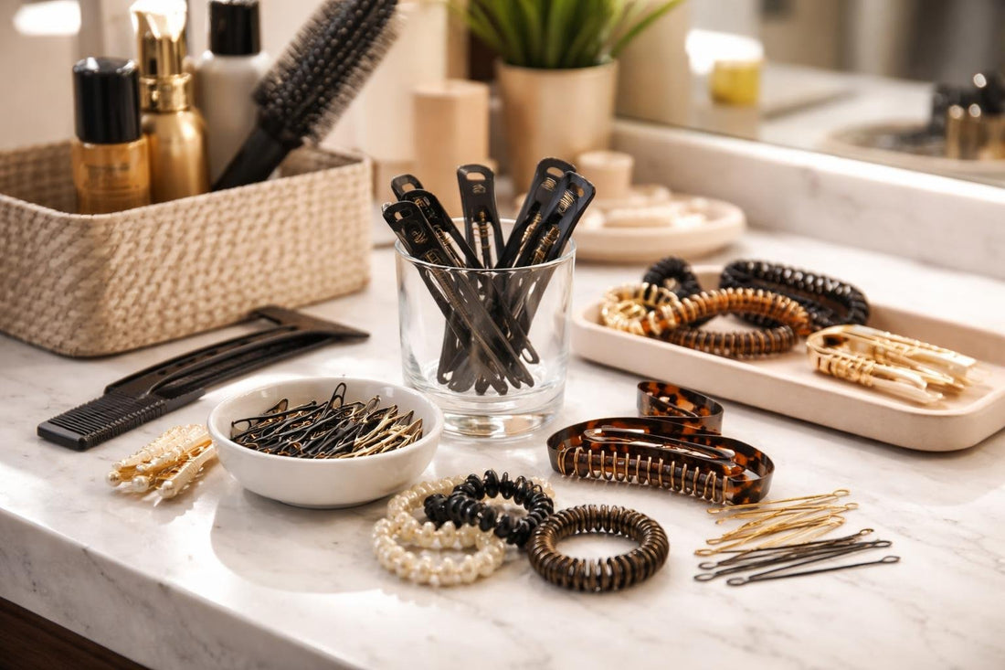 professional hair styling accessories on Canadian salon counter