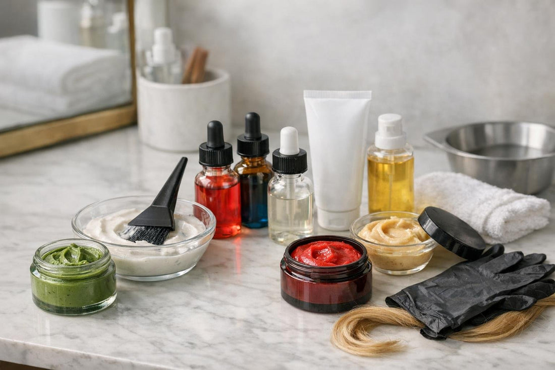 DIY hair color additives and fillers flatlay