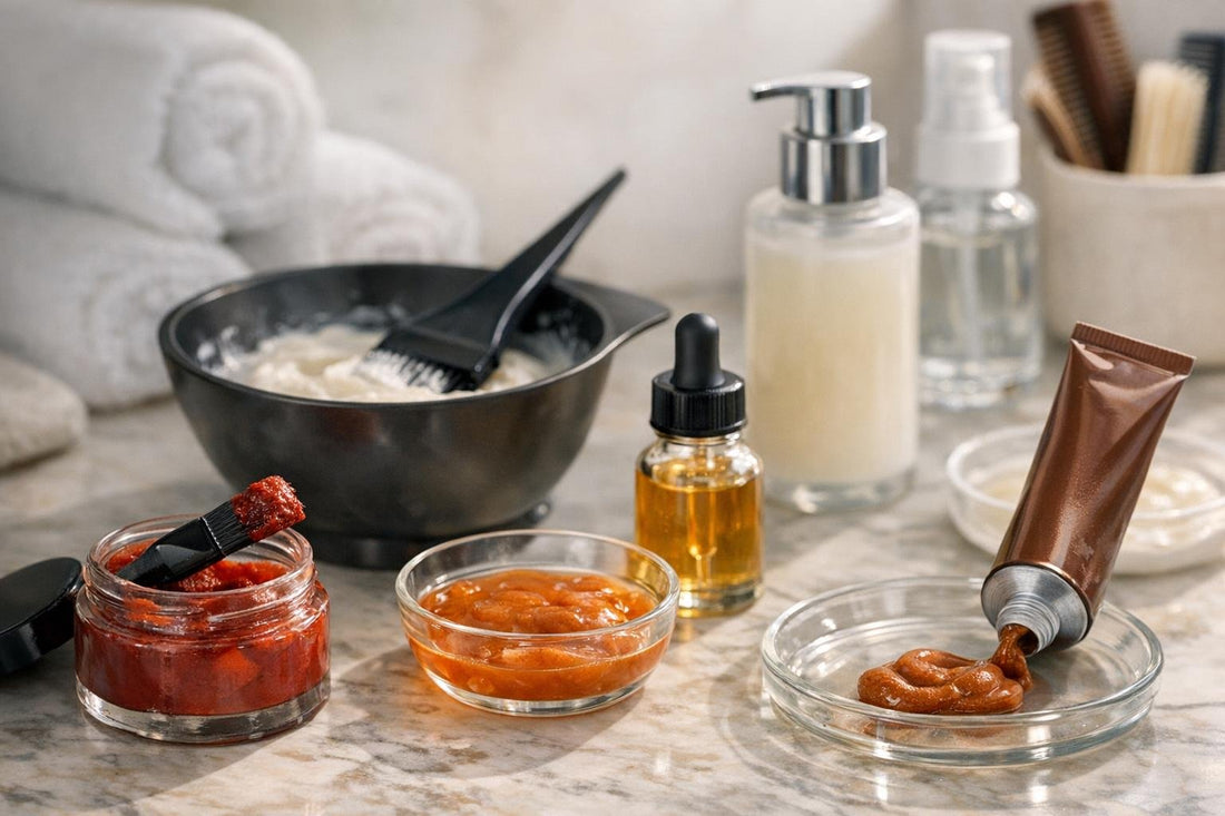 Close-up of hair color additives and fillers products
