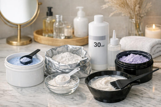 assorted hair bleach powders and lighteners on table