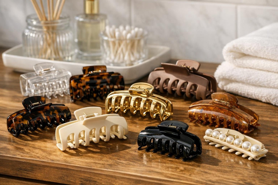 assorted hair claws and claw clips on wood