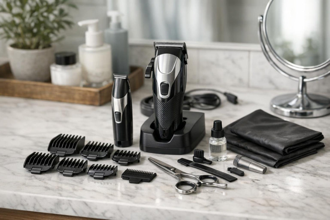 At-home hair clippers and precision accessories layout