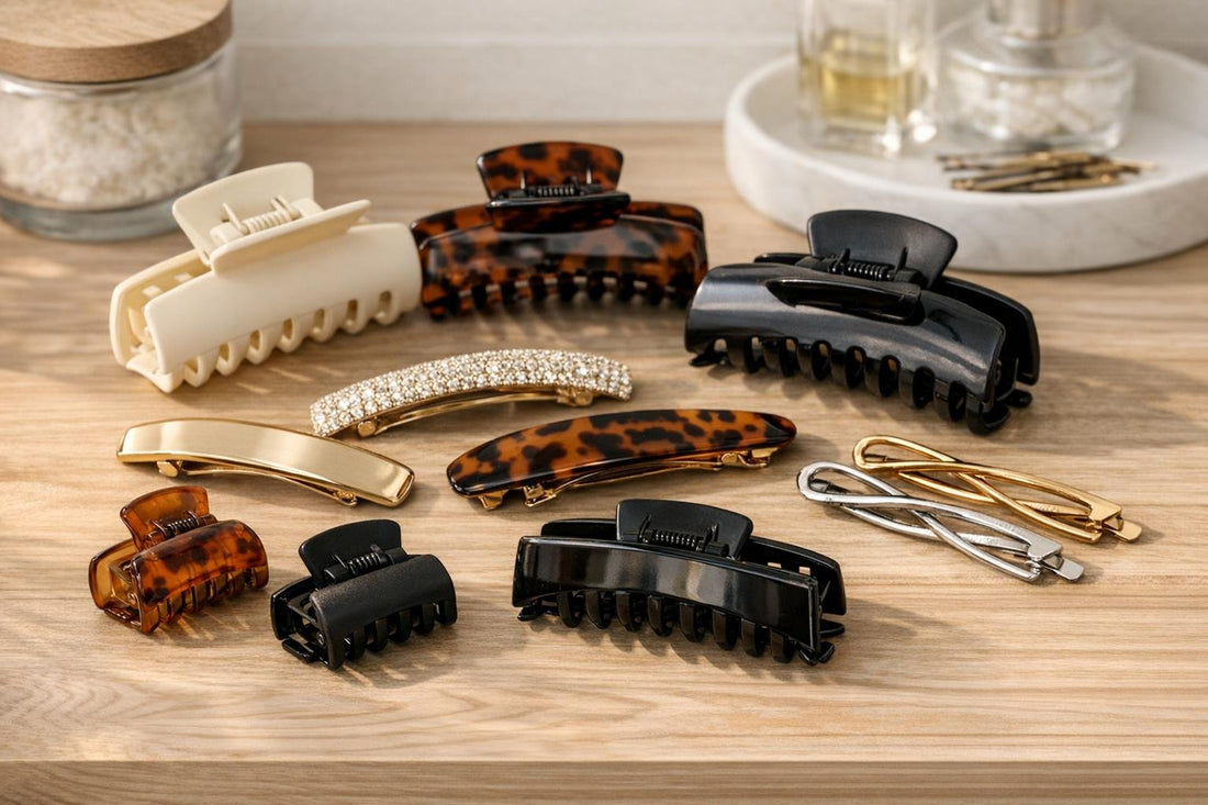 assorted hair clips and barrettes on wood surface