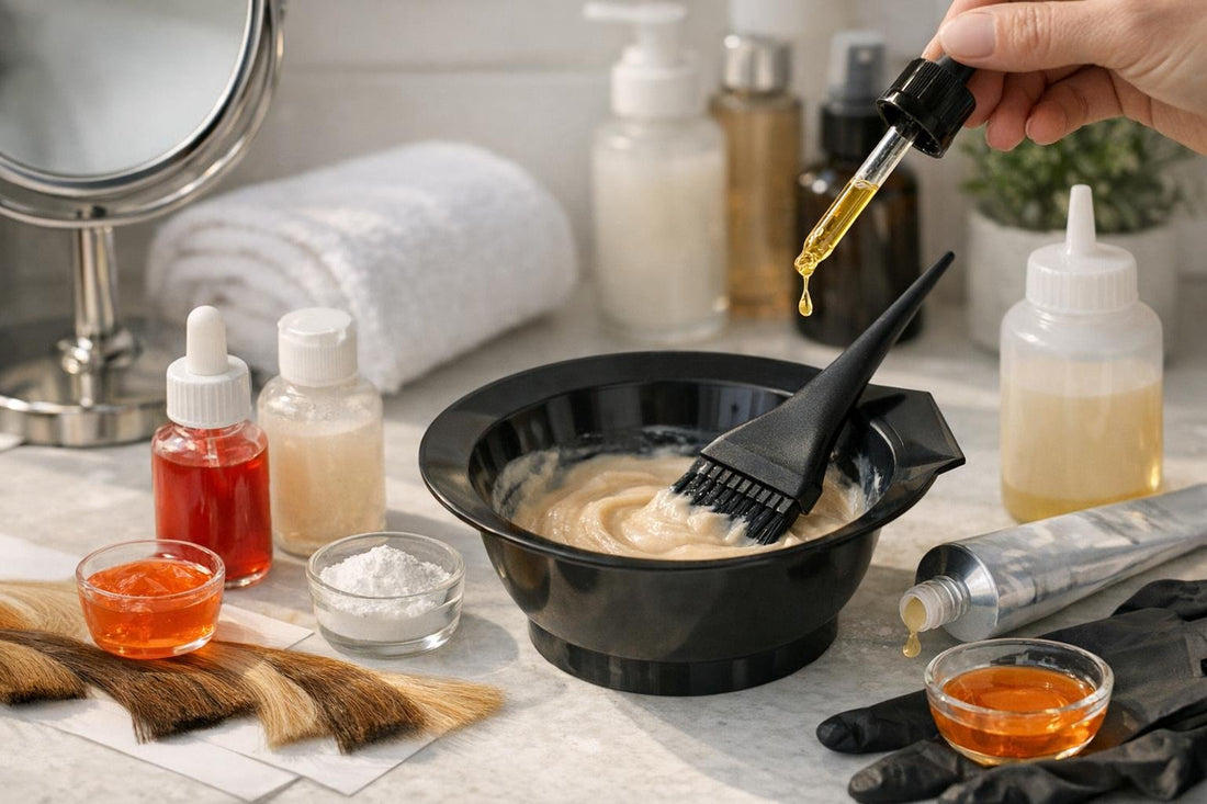 Hair color additives and fillers being mixed for even colour