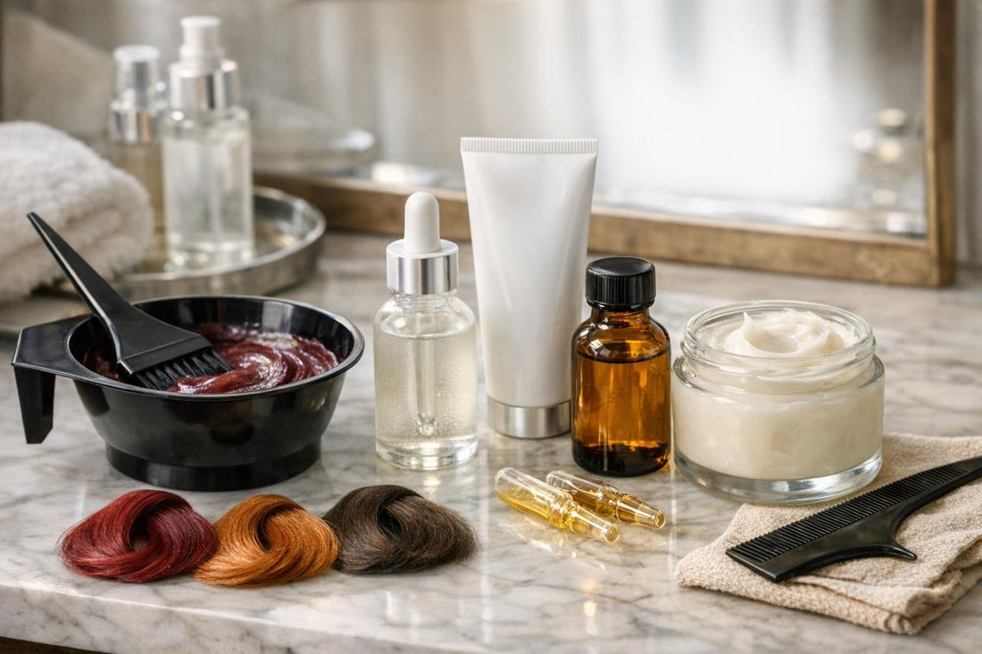 Hair color additives and fillers beside colour bowl