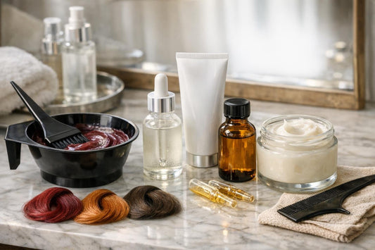 Hair color additives and fillers beside colour bowl