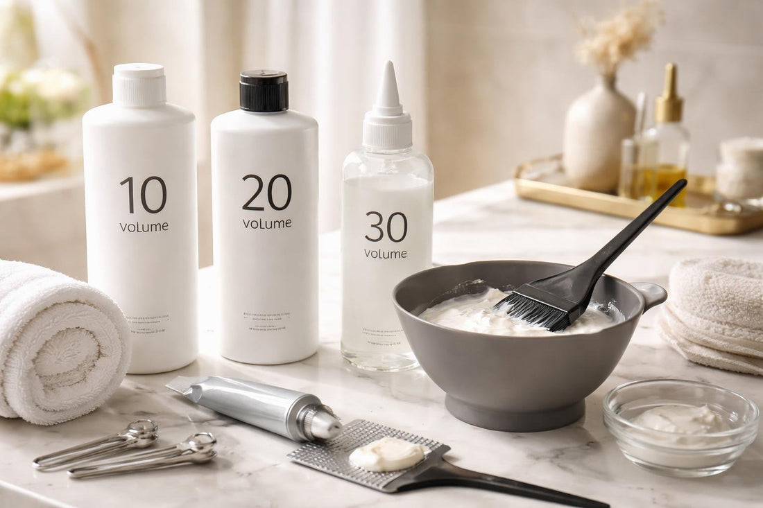 Cream and liquid hair color developers with mixing bowl
