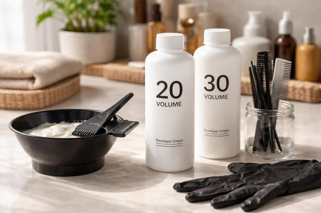 Hair color developer bottles with brush for even lift