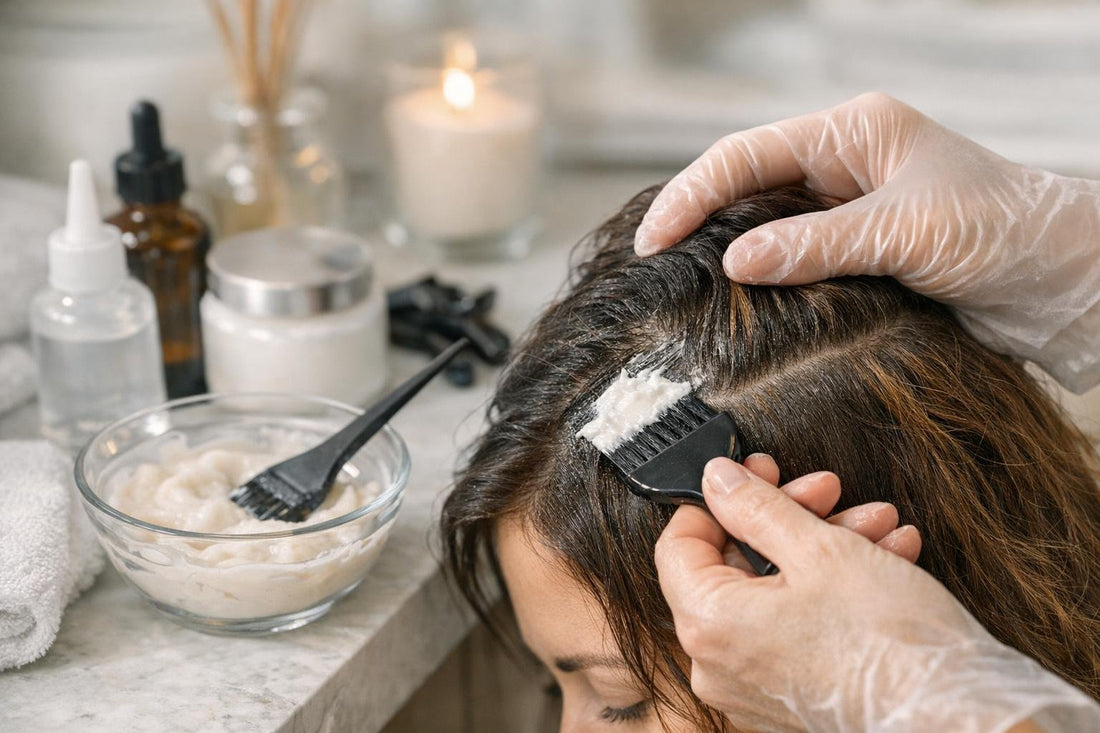 Hands applying filler to patchy DIY hair dye