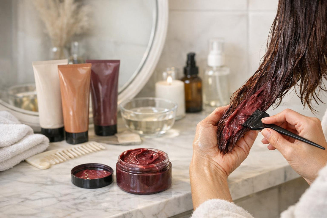 Applying hair colour refresher mask for at-home tone boost