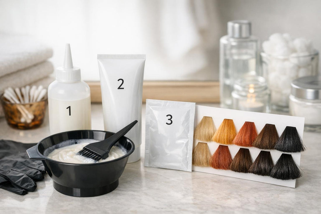 Close-up of hair colour remover kit and swatches