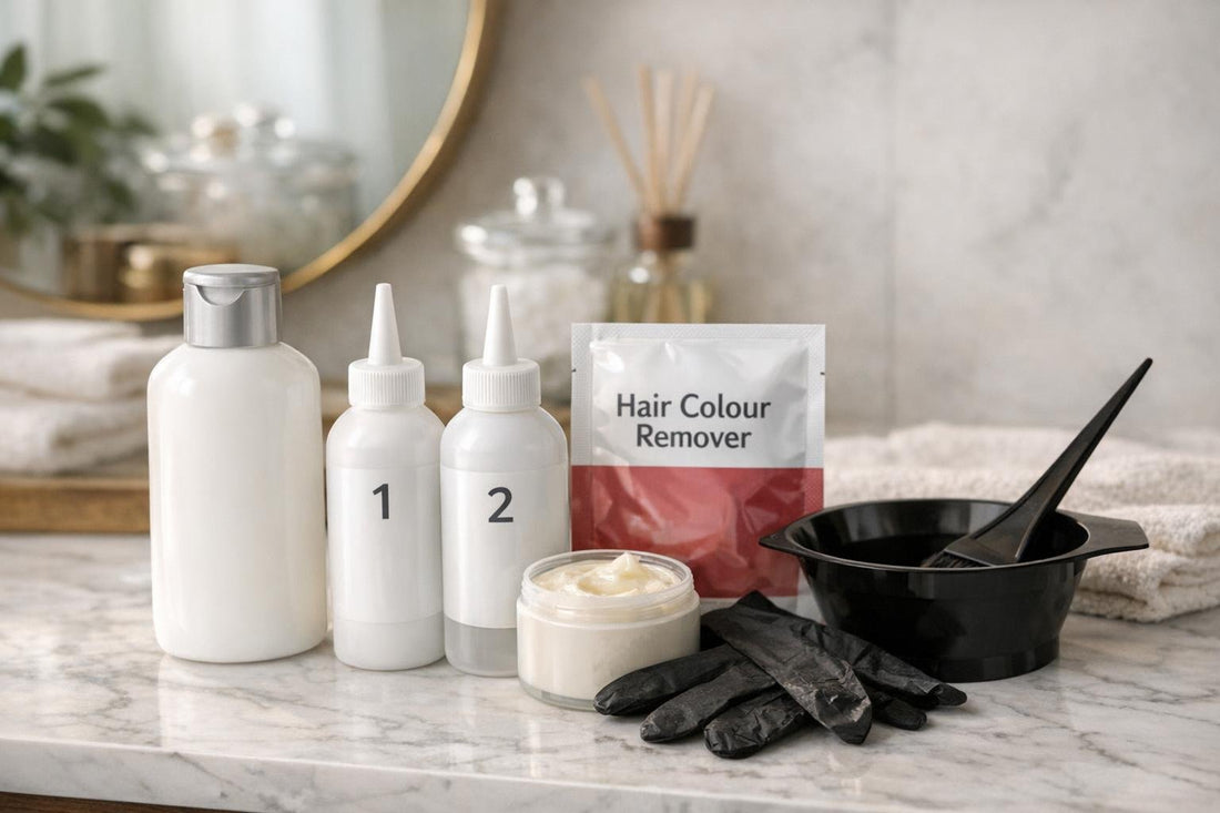 conditioner and hair colour remover kit on counter