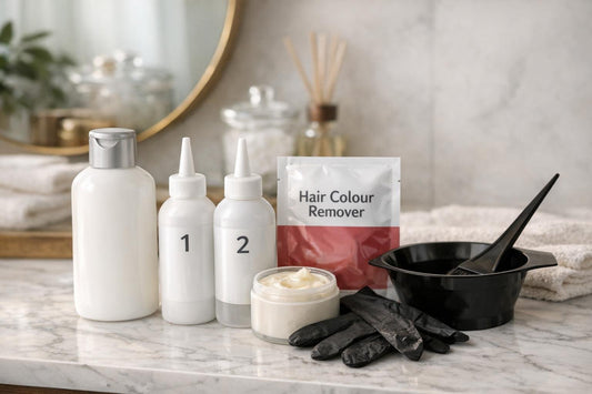 conditioner and hair colour remover kit on counter