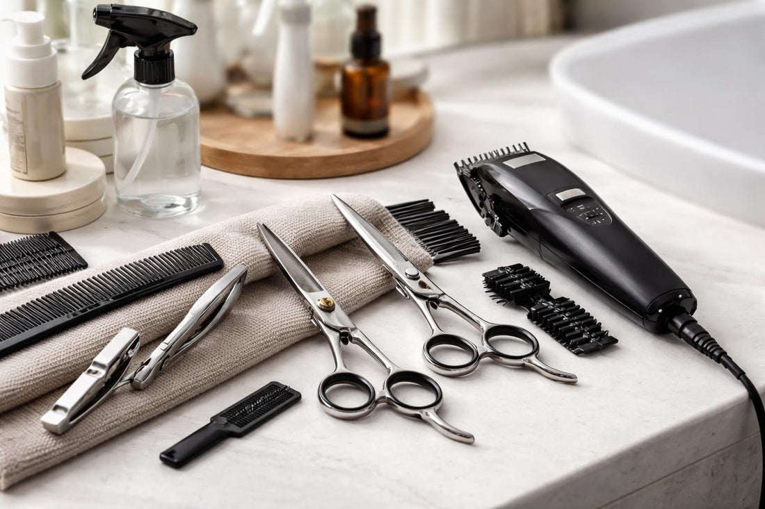 professional hair cutting tools kit laid out for salon use