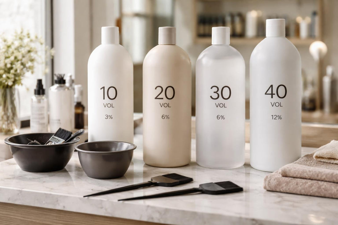 Assorted professional hair developers on shelf in salon