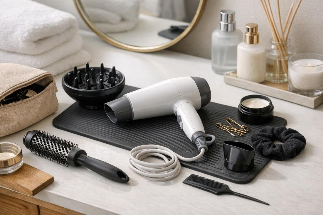 Student hair dryer and styling accessories on vanity