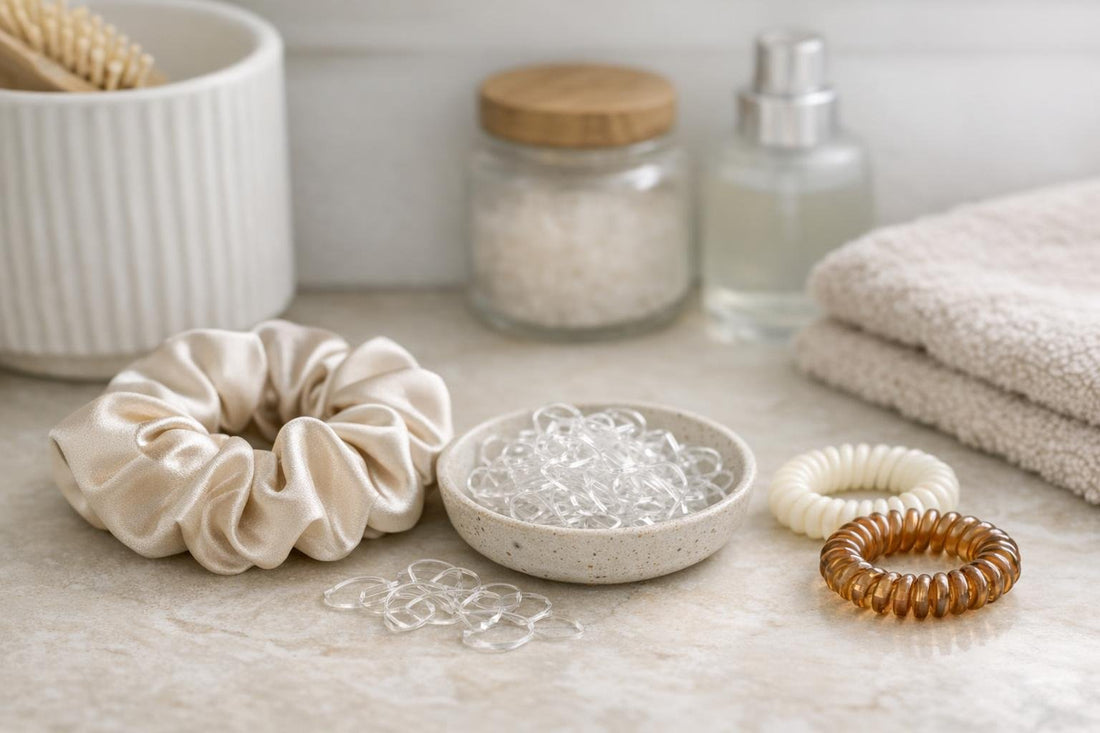 silk scrunchie and clear elastics vs on table