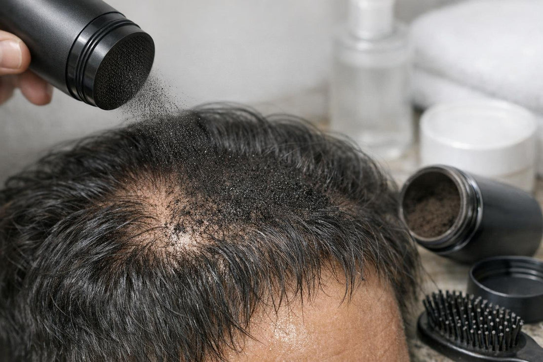Close-up of hair fibers applied to oily scalp
