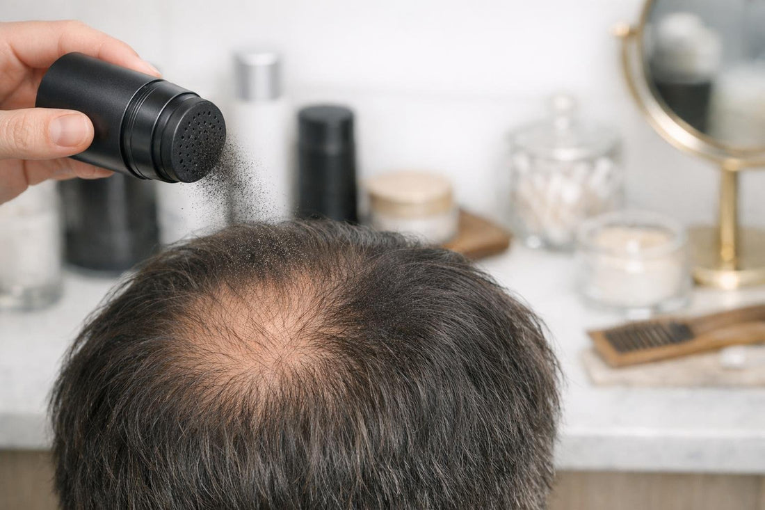Close-up of hair fibers applied to thinning crown