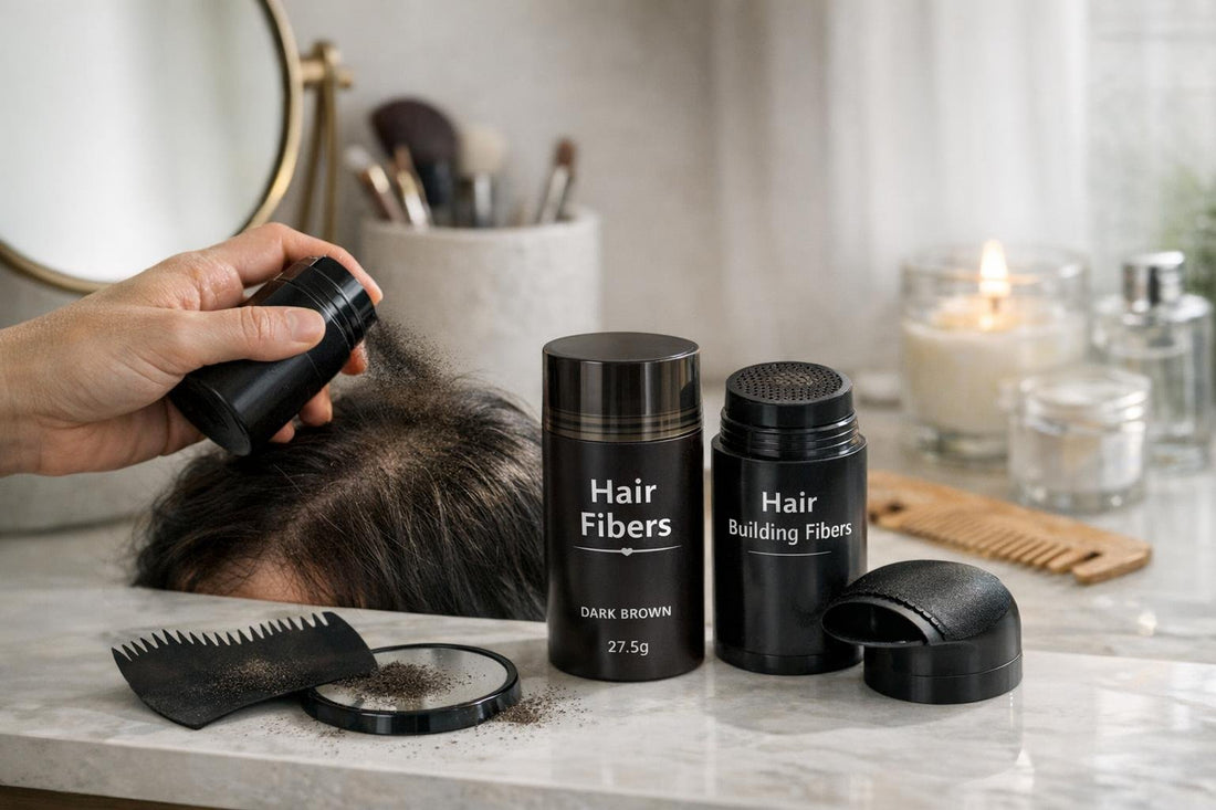 Toronto shopper applying hair building fibers kit