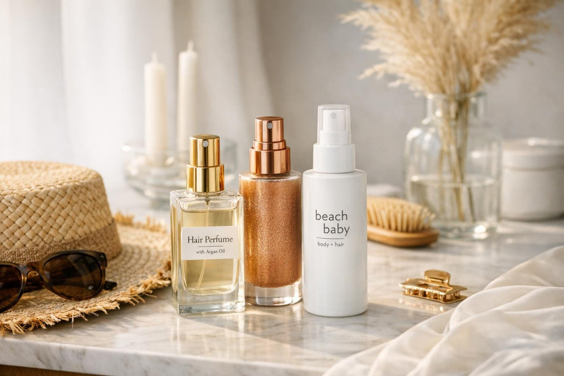 Summer hair fragrance collection bottles beside sunhat