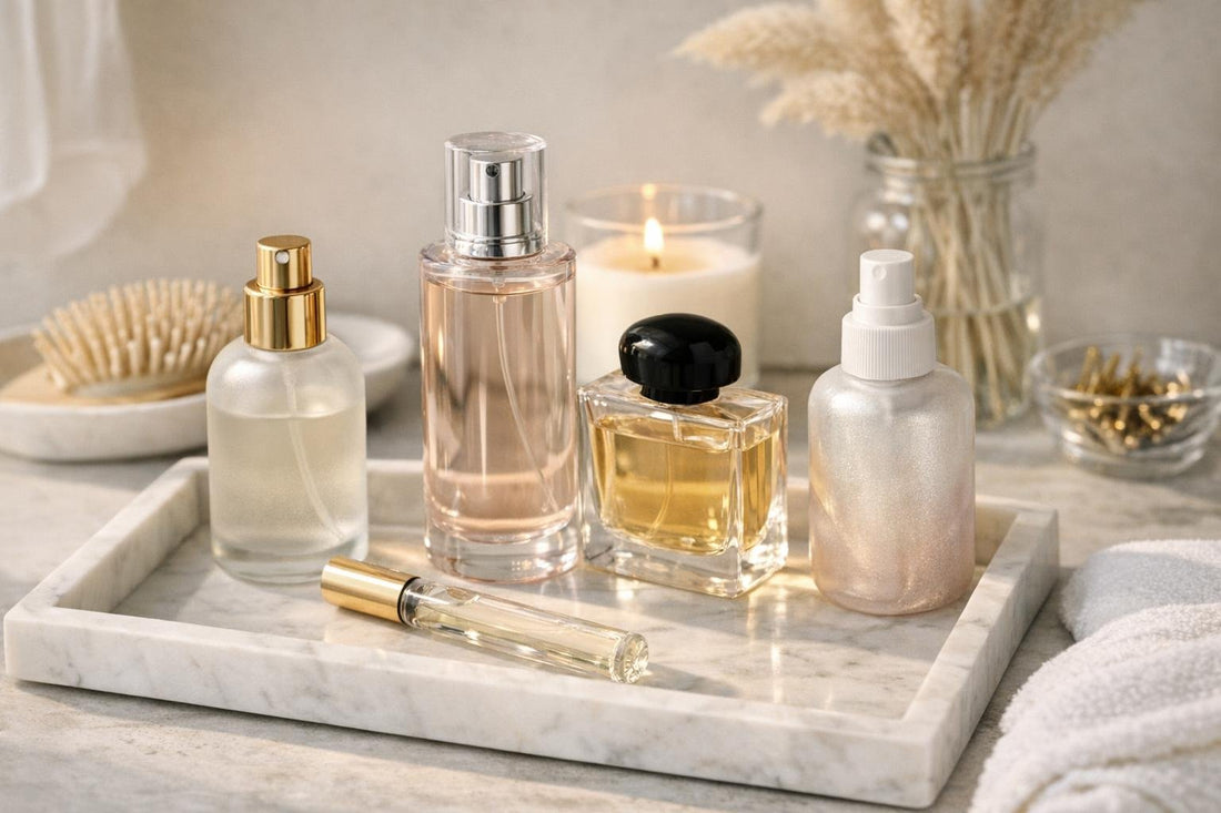 assorted hair fragrance bottles and travel rollerball