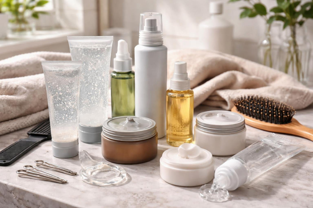 assorted hair gels and styling products flatlay