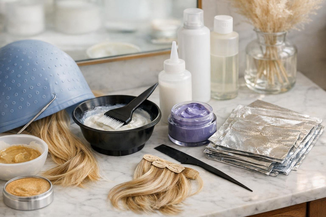 At-home hair highlighting kit tools and finished highlights Ontario