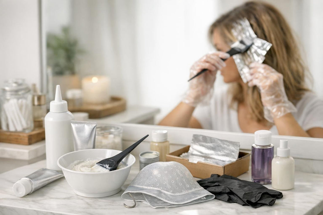Woman applying hair highlighting kit at home Canada