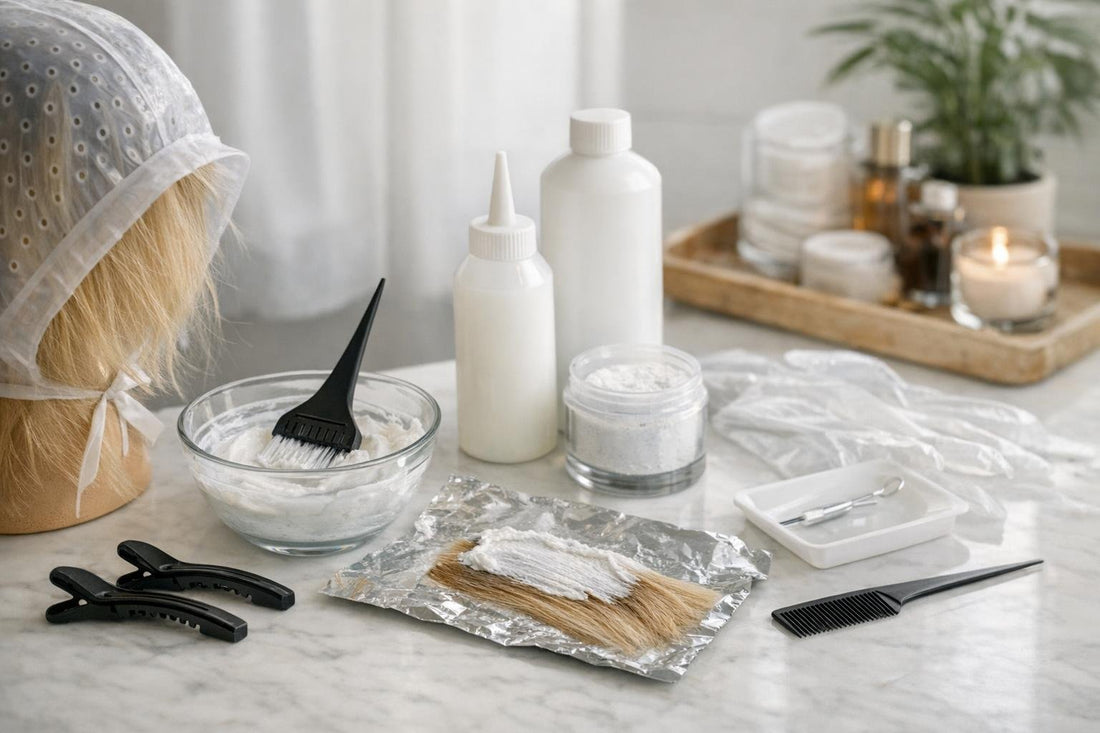 Beginner using at-home hair highlighting kit in Ontario