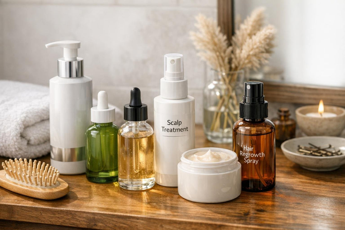 Canadian thinning hair care products arranged on wood