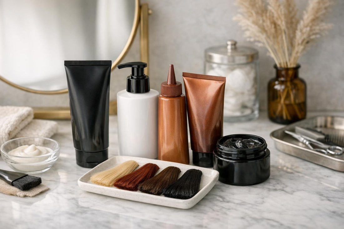 Assorted hair colour refreshers bottles and swatches