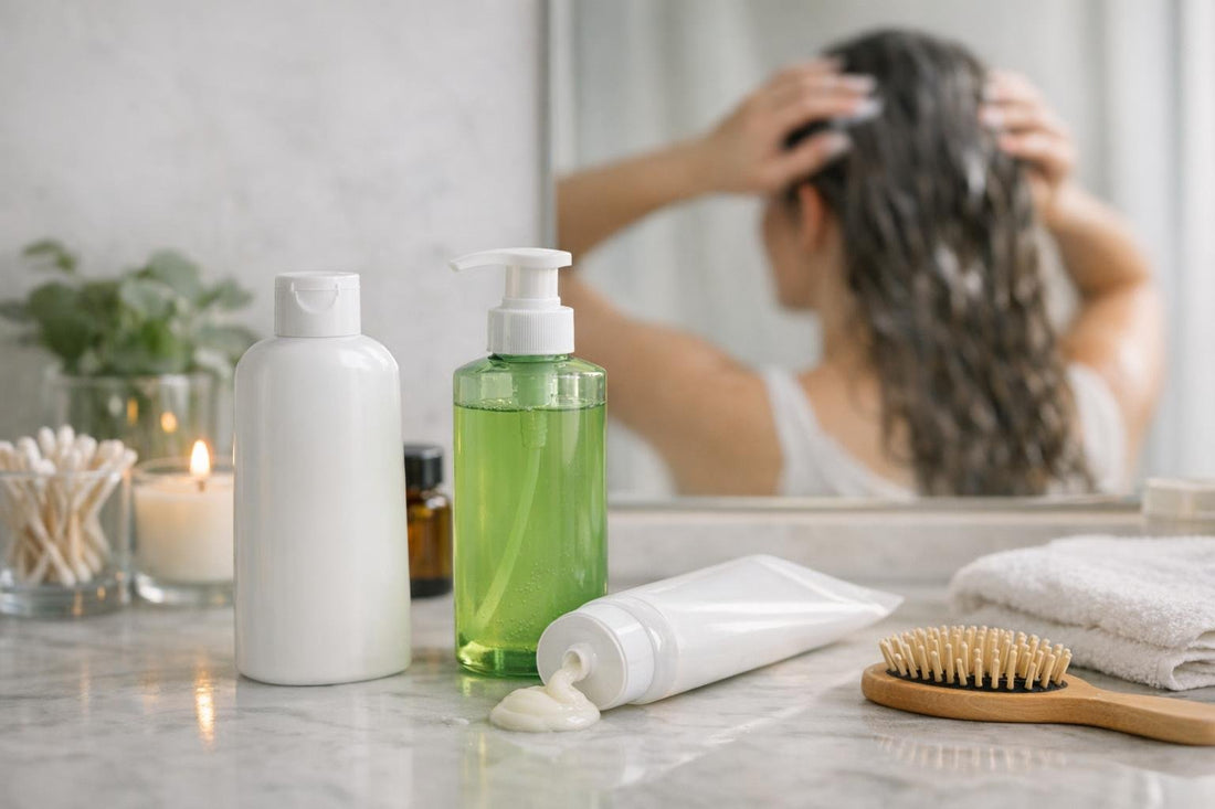 Toronto woman applying hair regrowth conditioner in bathroom