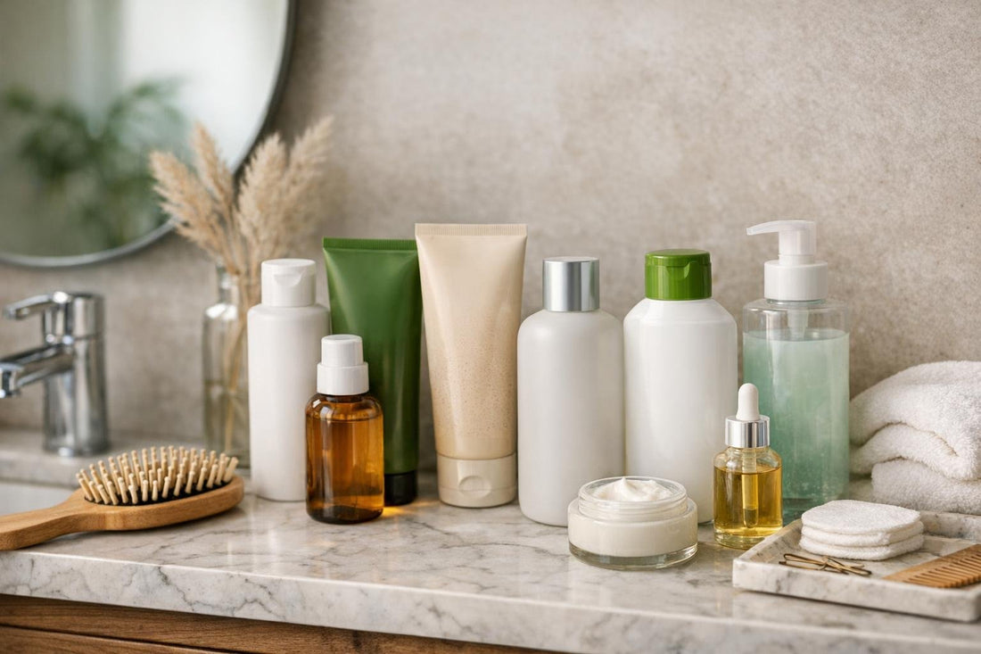 Canadian bathroom shelf with hair regrowth conditioners