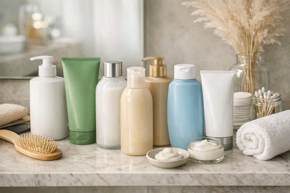 Assorted hair regrowth conditioners on a bathroom shelf
