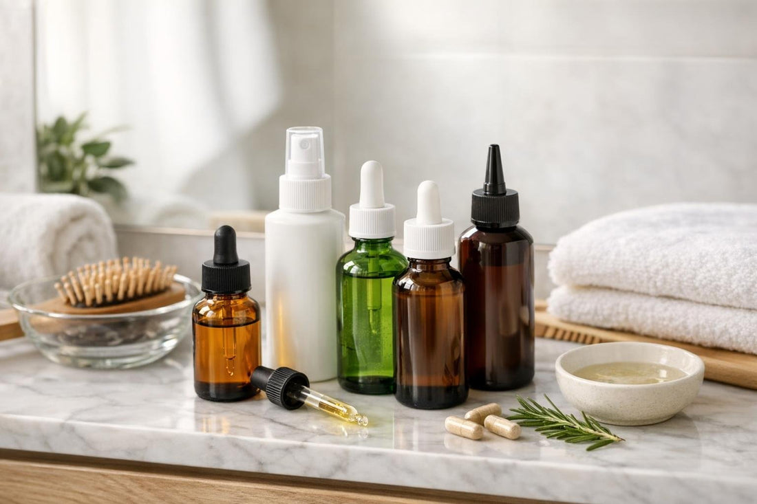 Affordable hair regrowth tonics on bathroom shelf