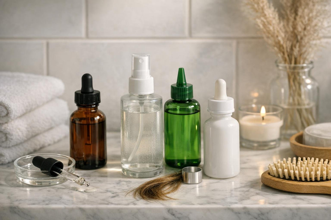 Bottles of hair regrowth tonics on bathroom shelf