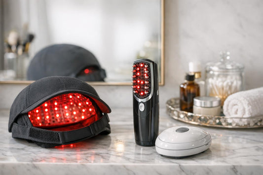 close-up of hair regrowth cap and comb tools