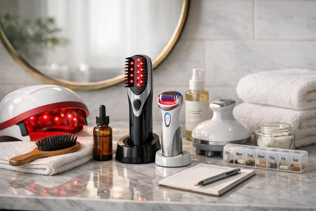 At-home hair regrowth devices set up for weekly routine